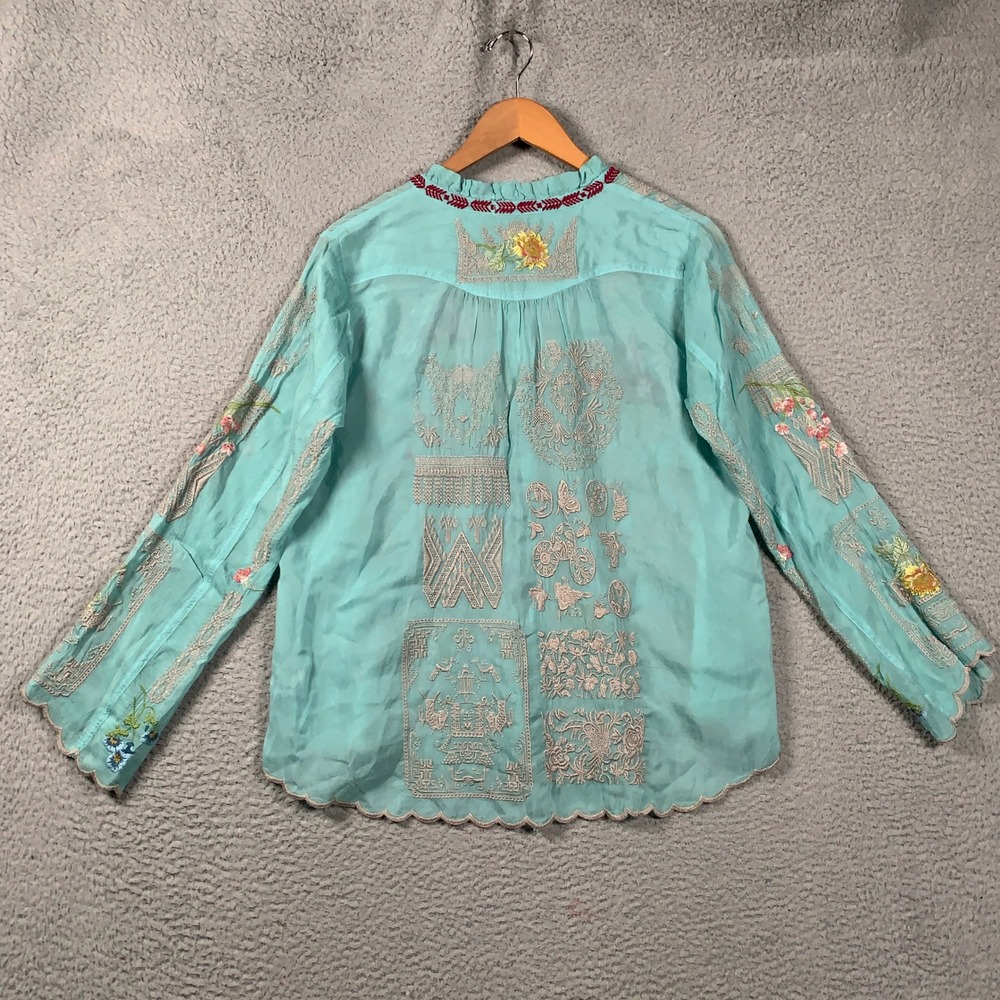 Johnny Was Allbee Blouse Womens Small S Aqua Blue Embroidered Scalloped Boho Top - Picture 7 of 11